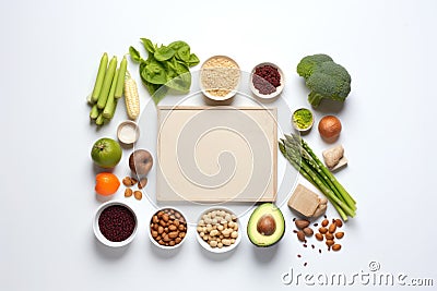 Neatly organized vegan ingredients with a central copy space on a white background. Veganuary. Stock Photo