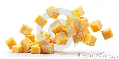 Neatly sliced cheese cubes falling down on white background AI Generative Stock Photo