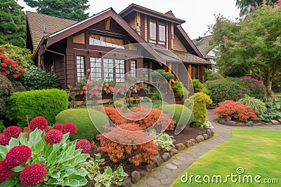 neatly trimmed front lawn and blooming garden in cozy house exterior Stock Photo