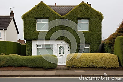 neatly trimmed hedge lining a monochrome house facade Stock Photo