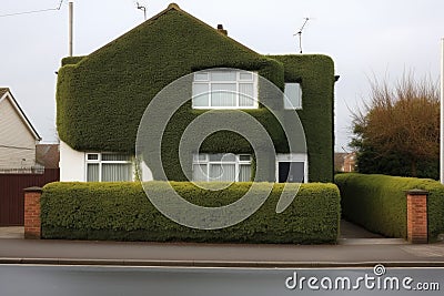 neatly trimmed hedge lining a monochrome house facade Stock Photo