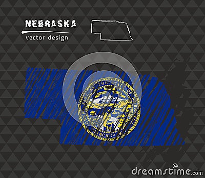 Nebraska map with flag inside on the black background. Chalk sketch vector illustration Vector Illustration