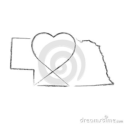 Nebraska US state hand drawn pencil sketch outline map with the handwritten heart shape. Vector illustration Cartoon Illustration