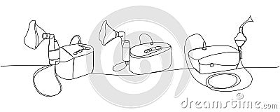 Nebulizer set. Compressor inhaler, medical supplies, equipment one line art. Continuous line drawing of medication Cartoon Illustration