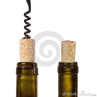 Neck of bottle of wine close-up corked isolated on white. Close up bottleneck of wine from dark glass with cork inside Stock Photo