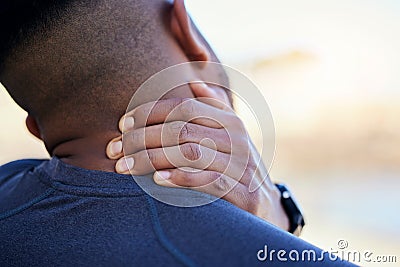 Neck injury, pain and fitness person massage inflammation, muscle stress or anatomy problem from workout accident Stock Photo