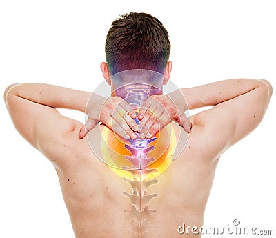 NECK Pain - Male Hurt Cervical Spine isolated on white - REAL An Stock Photo