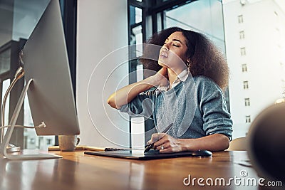 Neck pain, office and business woman with muscle strain risk, medical emergency or anatomy crisis. Burnout problem Stock Photo