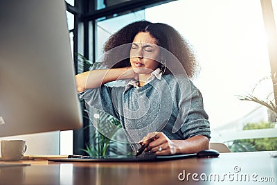 Neck pain problem, office or business woman with anatomy injury, medical emergency or muscle strain accident. Burnout Stock Photo