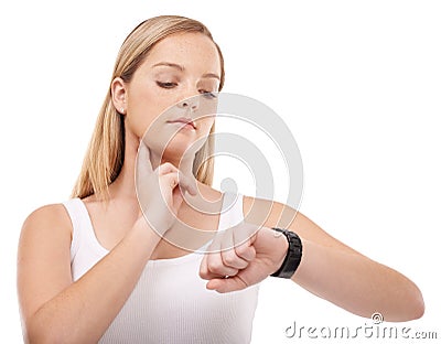 Neck pulse, watch and fitness woman check heart rate for exercise, physical assessment or wellness test. Studio Stock Photo