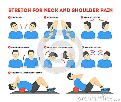 Neck and shoulder exercise. Stretch to relieve neck pain Vector Illustration