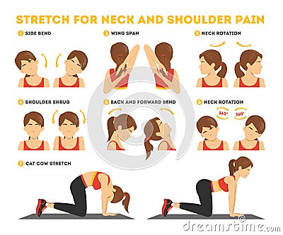 Neck and shoulder exercise. Stretch to relieve neck pain Vector Illustration