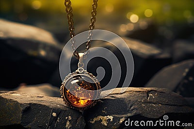 a necklace with a amber pendant on a chain Stock Photo