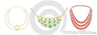 Necklace, Beads Boho Style Jewelry of Gold, Pears, Precious or Semi-precious Gemstones. Bijoux for Women, Bijouterie Vector Illustration