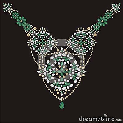 Necklace female embroidery emerald and gold rhinestones, precious stones, gems, fashion Vector Illustration