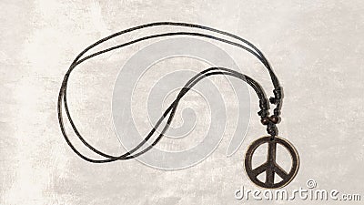 Necklace with wooden peace symbol. Make love Not War. Applied fl Stock Photo