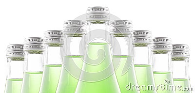 The necks of bottles of green soda or lemonade stand in a row Stock Photo
