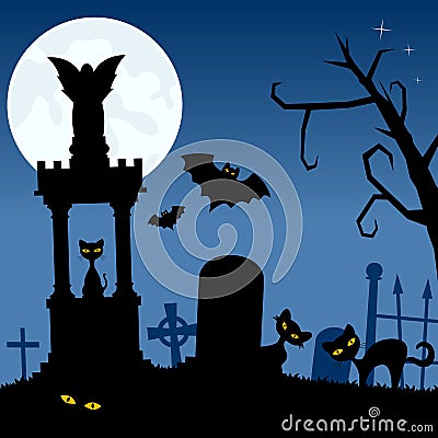 Necropolis with Black Cats and Bats Vector Illustration