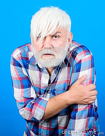 Need help. health care. sad old granpa. barber and hairdresser. male fashion. mature bearded man in white wig. Hairloss Stock Photo