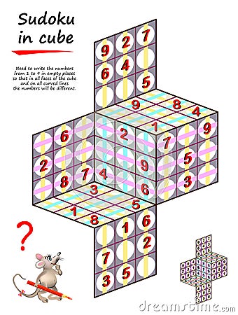 Need write numbers from 1 to 9 in empty places so that in all faces of cubes and on all curved lines they will be different. Vector Illustration
