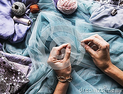 Needle cotton yarn sewing thread fabric Stock Photo