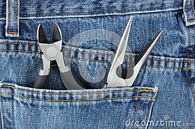 Needle-Nosed & Pliers Side Cutters in Jeans Pocket Stock Photo