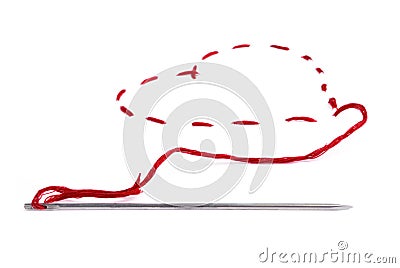 Needle with a red thread. Heart Stock Photo