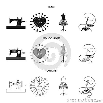 Needle and thread, sewing machine, pincushion, dummy for clothing. Sewing and equipment set collection icons in black Vector Illustration