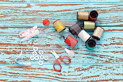 Needle thread sewing tailor thimble buttons scissors repair Stock Photo