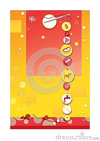 Needle with thread for stringing beads. Beads with signs of traffic and life dangers. On a red star background Stock Photo