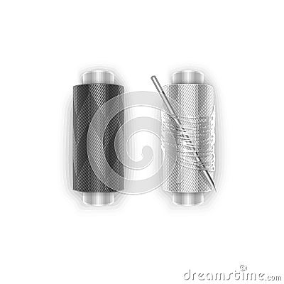 Needle and Threads. Silver needle, stack of 2 spools of Black and White thread, isolated on white background for sewing, tailoring Vector Illustration