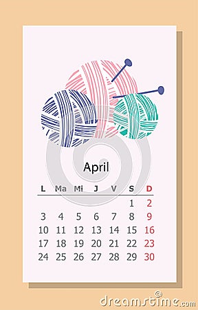 Needlework calendar April 2023 Vector Illustration