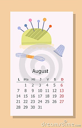 Needlework calendar August 2023 Cartoon Illustration