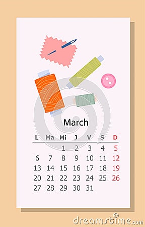 Needlework calendar March 2023 Cartoon Illustration