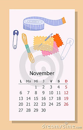 Needlework calendar November 2023 Cartoon Illustration