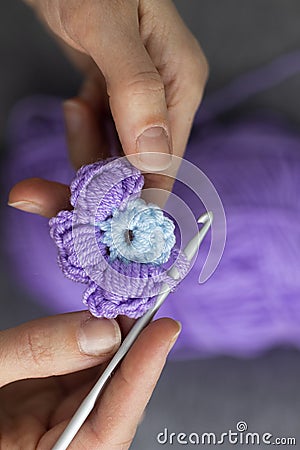 Needlework or handmade process: blue, and violet crocheted unfinished flower Stock Photo
