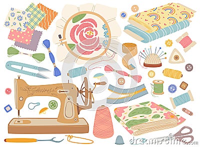 Needlework. Sewing accessories and embroidery equipment. Sewing machine, fabrics, threads, spools, buttons. Tailors Vector Illustration