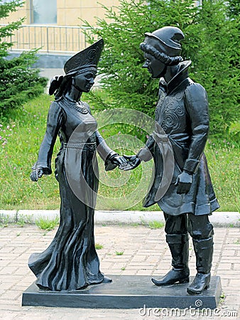 NEFTEYUGANSK, RUSSIA - JULY 29, 2019: Sculpture of Ivan and Princess Maria, principal characters of the famous fairy-tale poem The Editorial Stock Photo