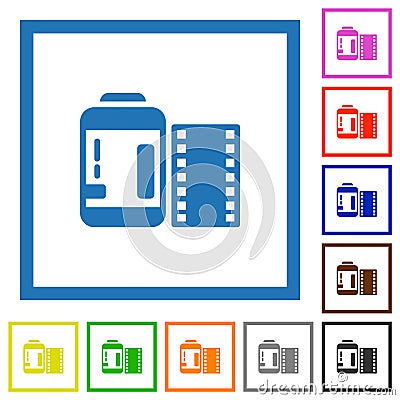 Negative camera film canister flat framed icons Vector Illustration