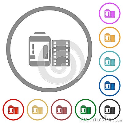 Negative camera film canister flat icons with outlines Vector Illustration
