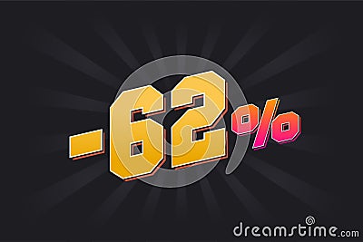 Negative 62% discount banner with dark background and yellow text. -62 percent sales promotional design Vector Illustration
