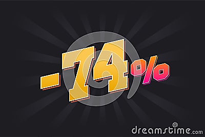 Negative 74% discount banner with dark background and yellow text. -74 percent sales promotional design Vector Illustration