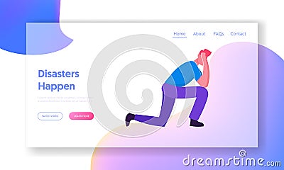Negative Emotion, Stress Website Landing Page. Young Frustrated Businessman Standing on Knees Holding Head Vector Illustration