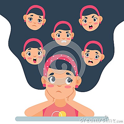 Negative emotions. Cartoon girl with long hair and upset or angry faces. Emotional reactions. Confused teenager feeling Vector Illustration