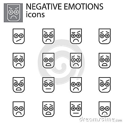 Negative emotions set vector linear icon. Negative facial expression emoticon vector sign, symbol black on white Vector Illustration