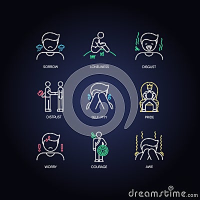 Negative feelings neon light icons set Vector Illustration