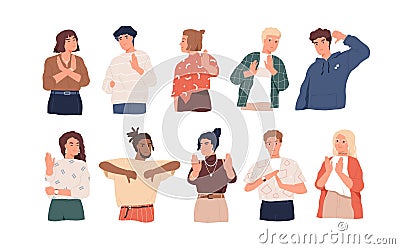 Negative gestures flat vector illustrations set. Finger language, non verbal communication. People disagree and Vector Illustration