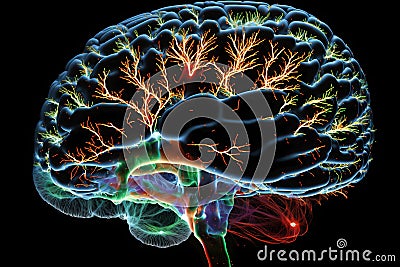 Negative Image of the Human Brain with Neural Pathways Highlighted in Color (Generative AI) Stock Photo
