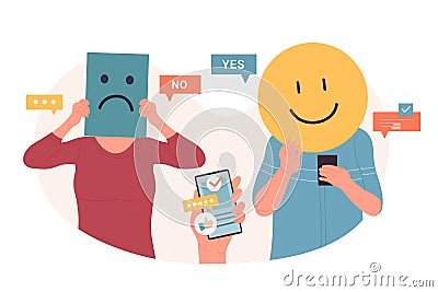 Negative and positive customer feedback, people holding angry and happy smiley faces Vector Illustration