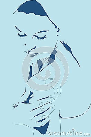 Negative space illustration of woman wearing bathrobe applying body lotion Vector Illustration